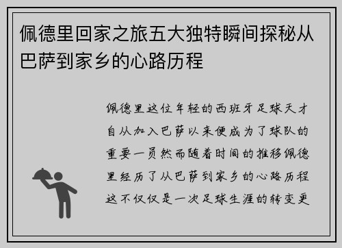 佩德里回家之旅五大独特瞬间探秘从巴萨到家乡的心路历程